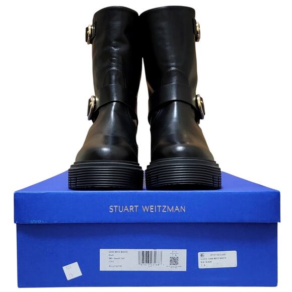 Stuart Weitzman Women Soho Moto Block Heel Booties Size US 7B Black Leather - Picture 6 of 6